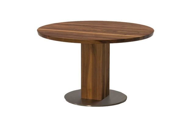 Tisch Grande rund in Nussbaum und Edelstahl-Bodenplatte