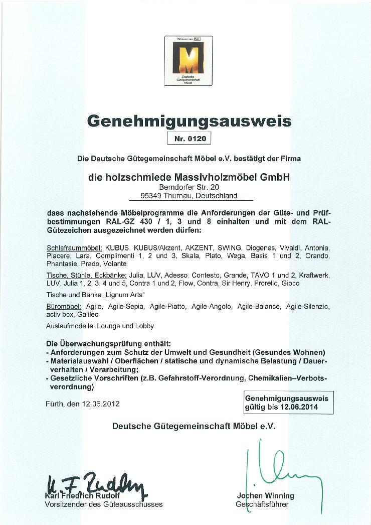 Genehmigungsausweis der Deutschen Gütegemeinschaft Möbel e.V.